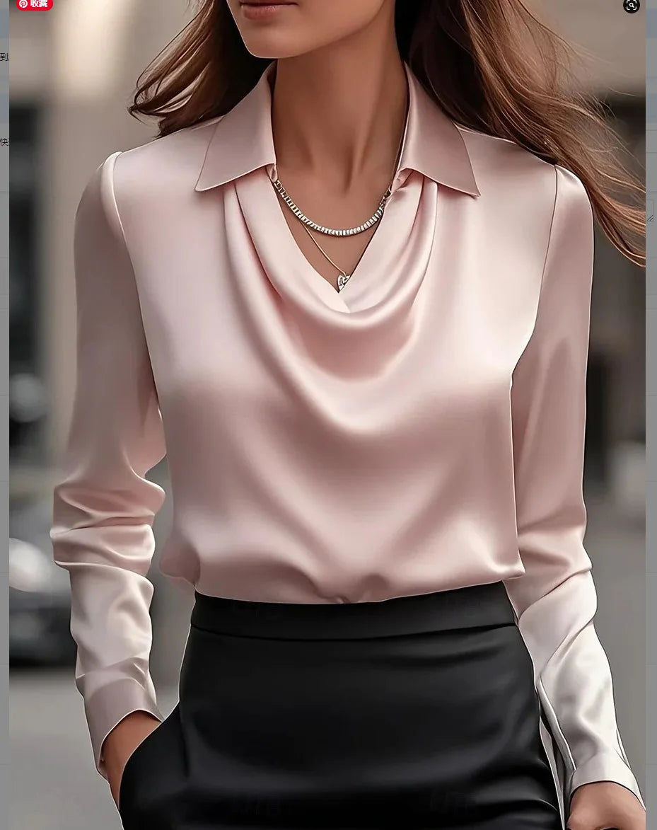 Elegant Women's Satin Shirt Blouse New Print V-neck Swing Neck Long-sleeved Solid Color Loose Shirt Casual Top Office Ladies - Azara