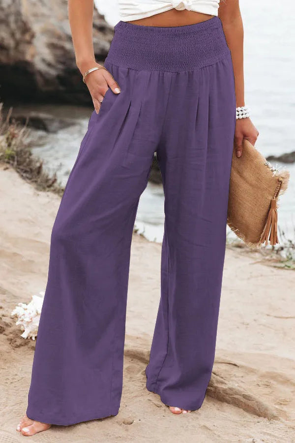 Women's casual pants with drawstring, mid waist, beach wide leg, spring and summer, European and American pants - Azara