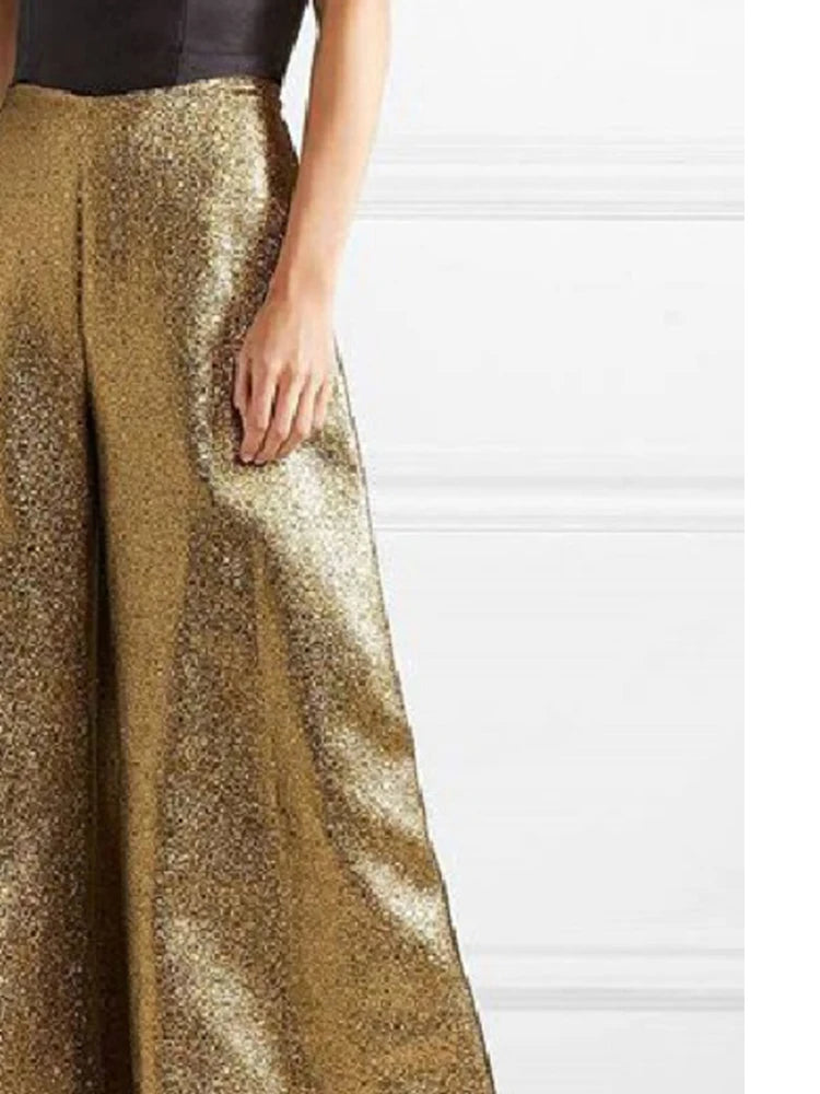 Women's Stylish Party Wear Pants Solid Gold High Waist A-line Wide Leg Pants Zippered Full-length Trousers Casual Pants - Azara