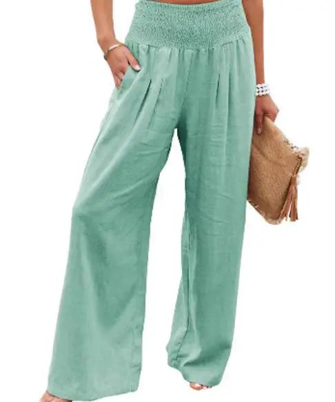 Women's casual pants with drawstring, mid waist, beach wide leg, spring and summer, European and American pants - Azara