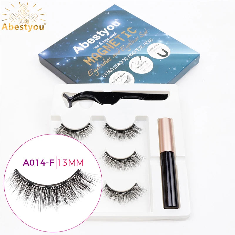 Abestyou 3pairs 5d Micro Guantum Magnet Mink Eyelashes Cat Eye False Lashes Waterproof Magnetic Liquid Eyeliner With Tweezer Kit