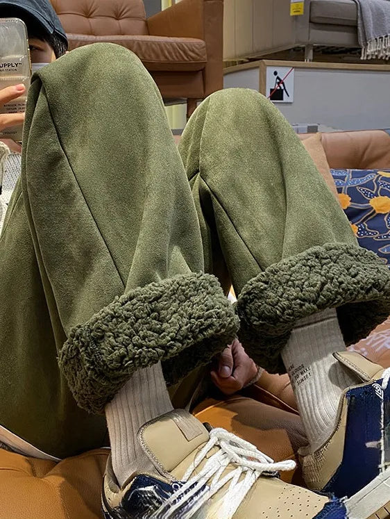 بنطلون نسائي من جلد الغزال سميك بقصة مستقيمة، على الطراز الكوري، واسع الساقين، مناسب لفصلي الخريف والشتاء، بنطلون عصري جديد للطالبات، بنطلون كاجوال