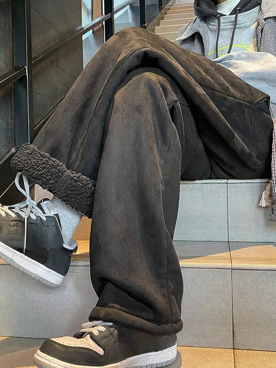 بنطلون نسائي من جلد الغزال سميك بقصة مستقيمة، على الطراز الكوري، واسع الساقين، مناسب لفصلي الخريف والشتاء، بنطلون عصري جديد للطالبات، بنطلون كاجوال