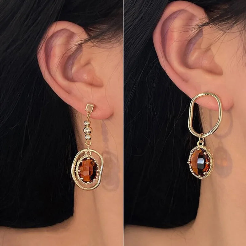 New Asymmetrical Vintage Colorful Crystal Geometric Earrings for Women Fashion Korean Temperament Girls Metal Earrings Jewelry