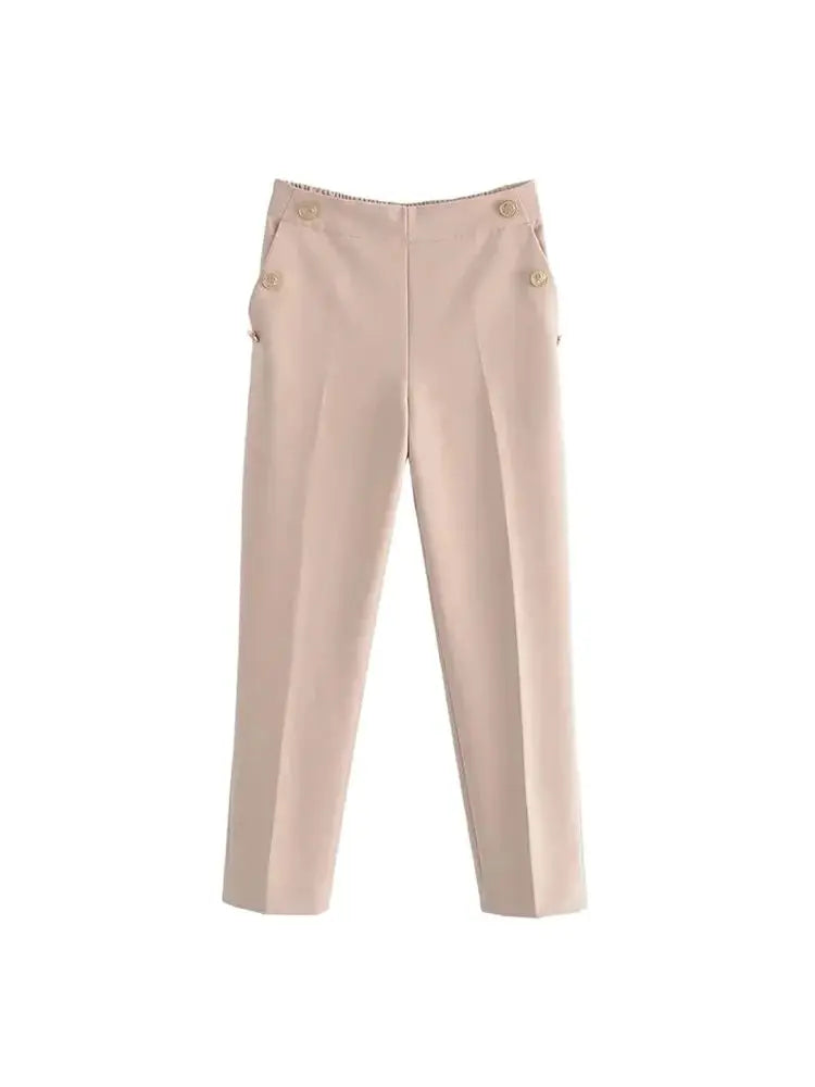 Women Fashion With Metallic Button Straight Pants Vintage High Waist Back Elastic Waistband Female Ankle Trousers Mujer - Azara