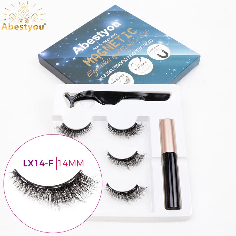 Abestyou 3pairs 5d Micro Guantum Magnet Mink Eyelashes Cat Eye False Lashes Waterproof Magnetic Liquid Eyeliner With Tweezer Kit