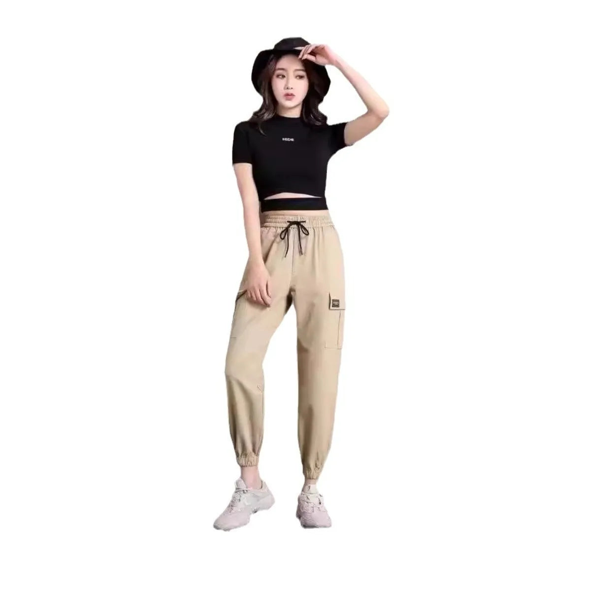 Women Pants Thin Style New Solid Casual Pockets Wide Leg Trousers Drawstring Fashion Ladies Straight Pants Versatile Trend - Azara