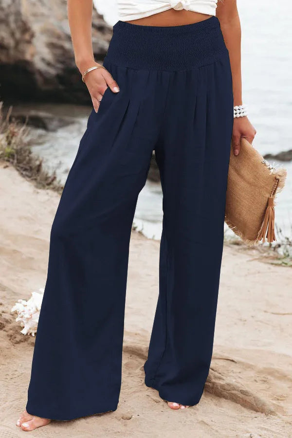 Women's casual pants with drawstring, mid waist, beach wide leg, spring and summer, European and American pants - Azara