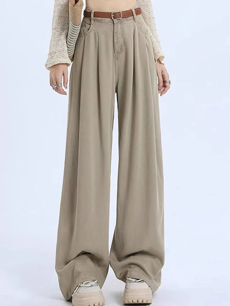 Woman High Waist Straight Leg Jeans Lady Loose Denim Wide Leg Pants Girls Korean Khaki Retro Blue Light Blue Gray White Trousers - Azara