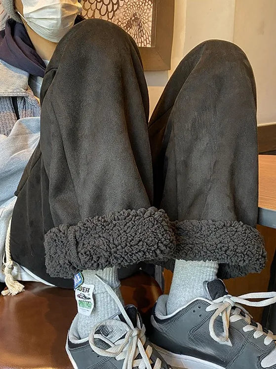 Women's Suede Thickened Straight Leg Pants Korean Style Wide Leg Autumn Winter New Student Fashion Casual Trousers