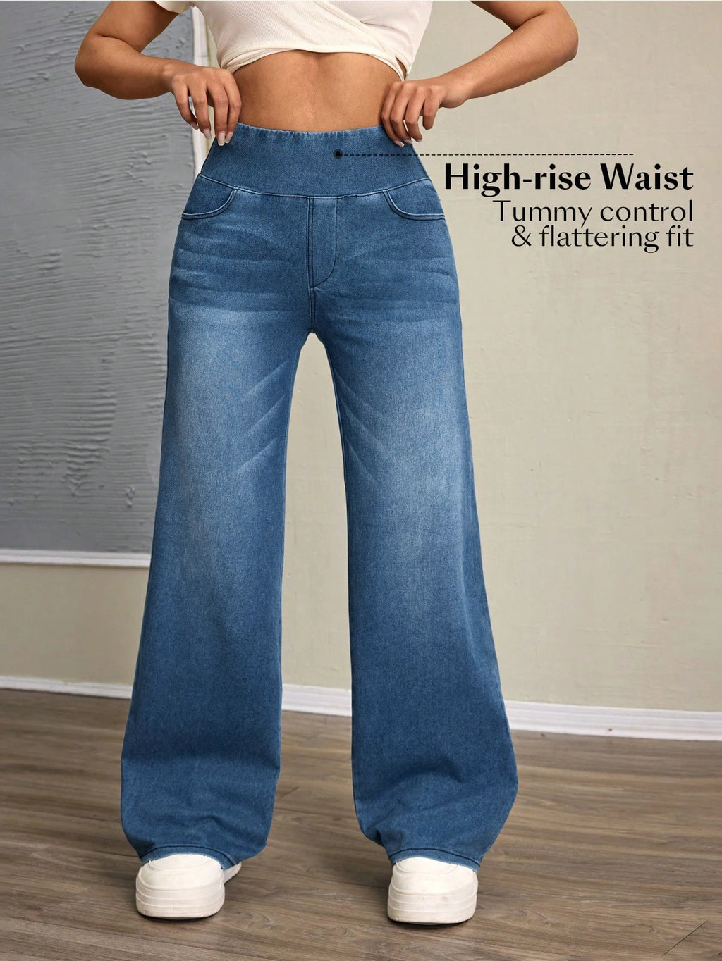 Women's high-rise wide-leg jeans with tummy tuck, slim fit, made from stretch denim fabric, are stylish for casual everyday wear - Azara