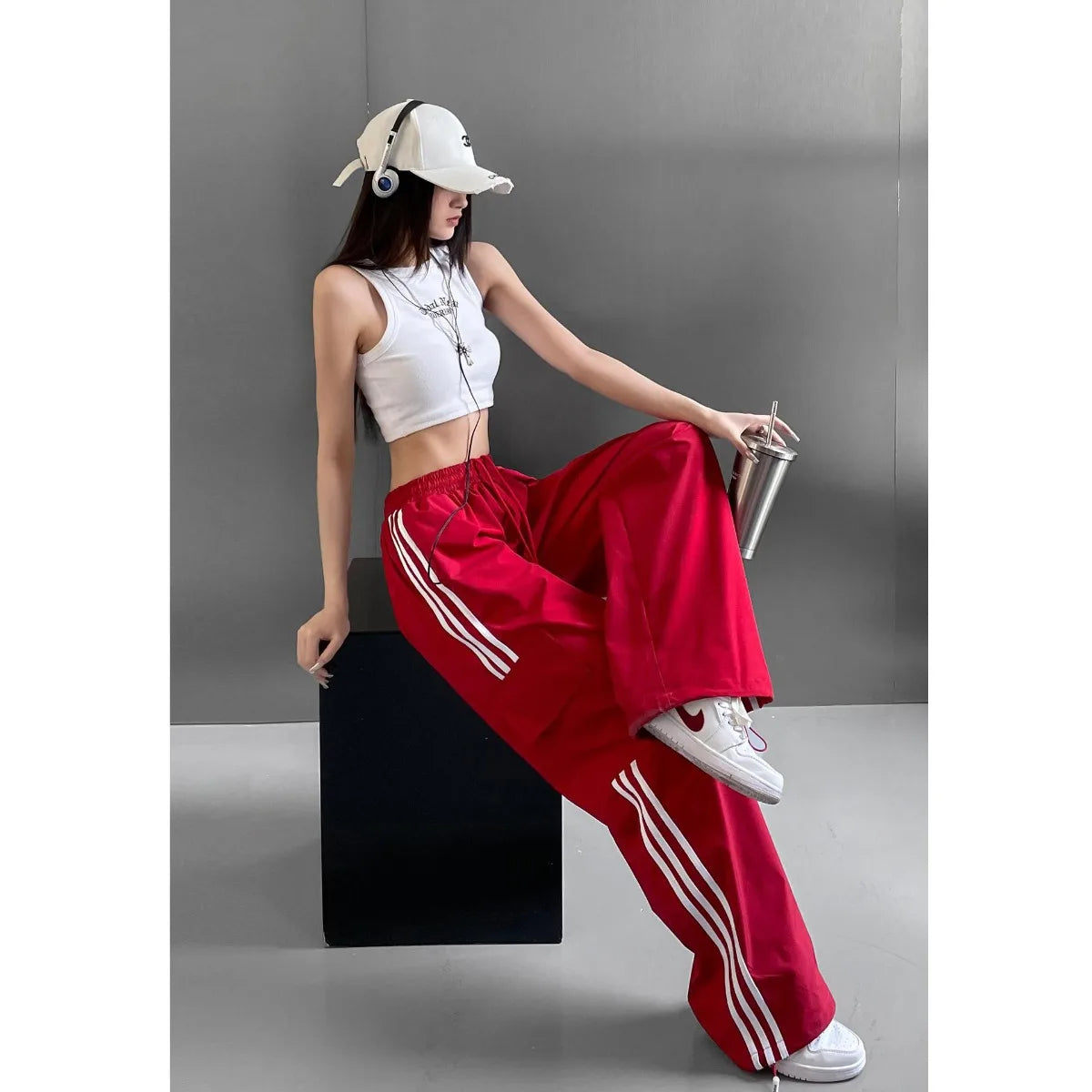 Women Casual Baggy Stripe Cargo Pants Solid Low Waist Joggers Pants Drawstring Wide Leg Baggy Trousers Y2K Streetwear Sweatpants - Azara