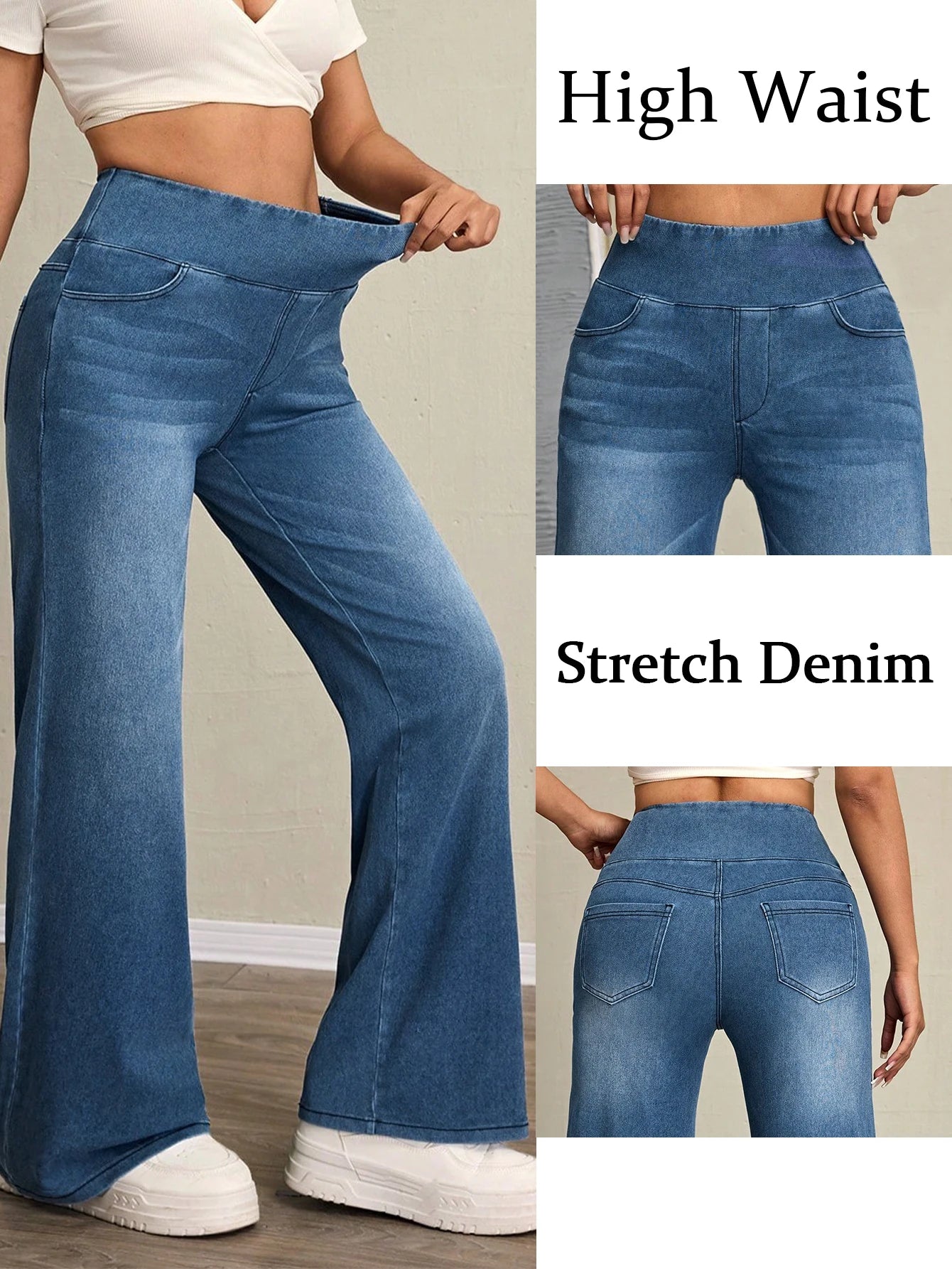 Women's high-rise wide-leg jeans with tummy tuck, slim fit, made from stretch denim fabric, are stylish for casual everyday wear - Azara