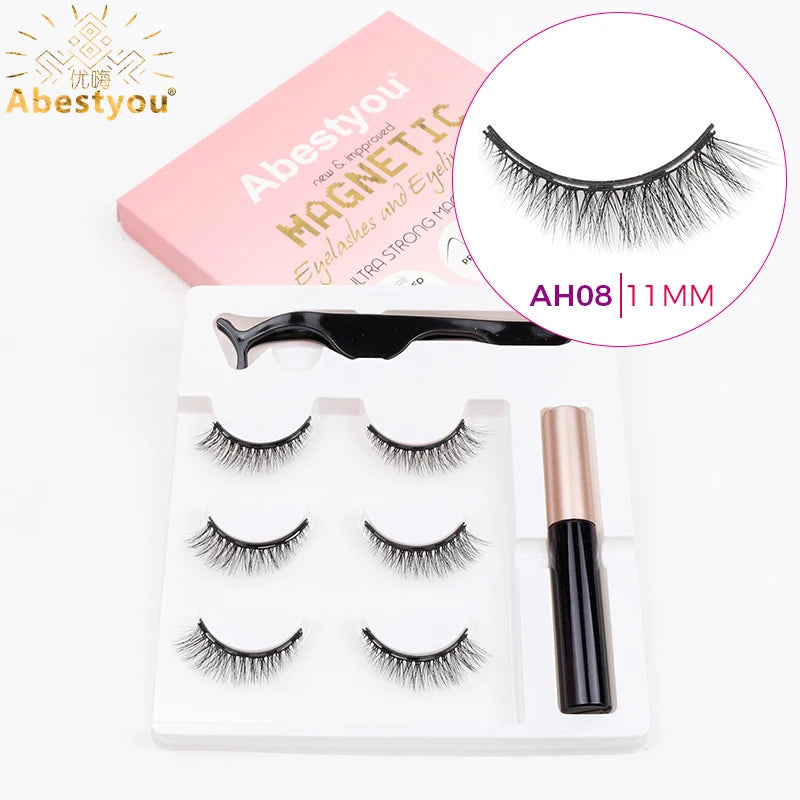 Abestyou Micro 5 Magnets Natural Long 3d 3pairs False Mink Magnetic Lashes With Eyeliner Tweezers Eyelashes Holder Makeup Kits