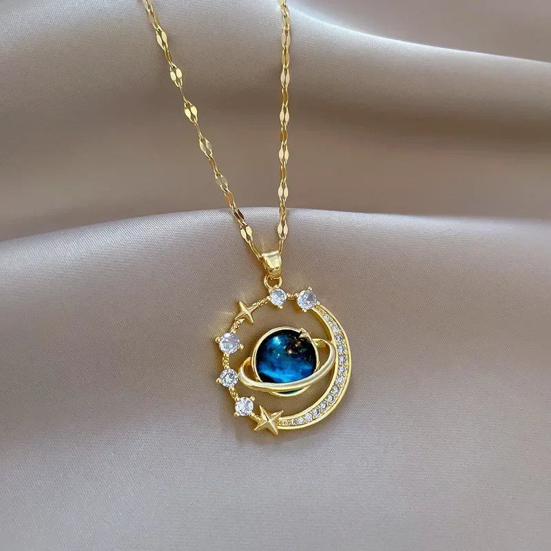 LATS Fashion Luxury Inlaid Zircon Planet Moon Pendant Necklace for Women Girl Butterfly Water Drop Clavicle Chain Charm Jewelry