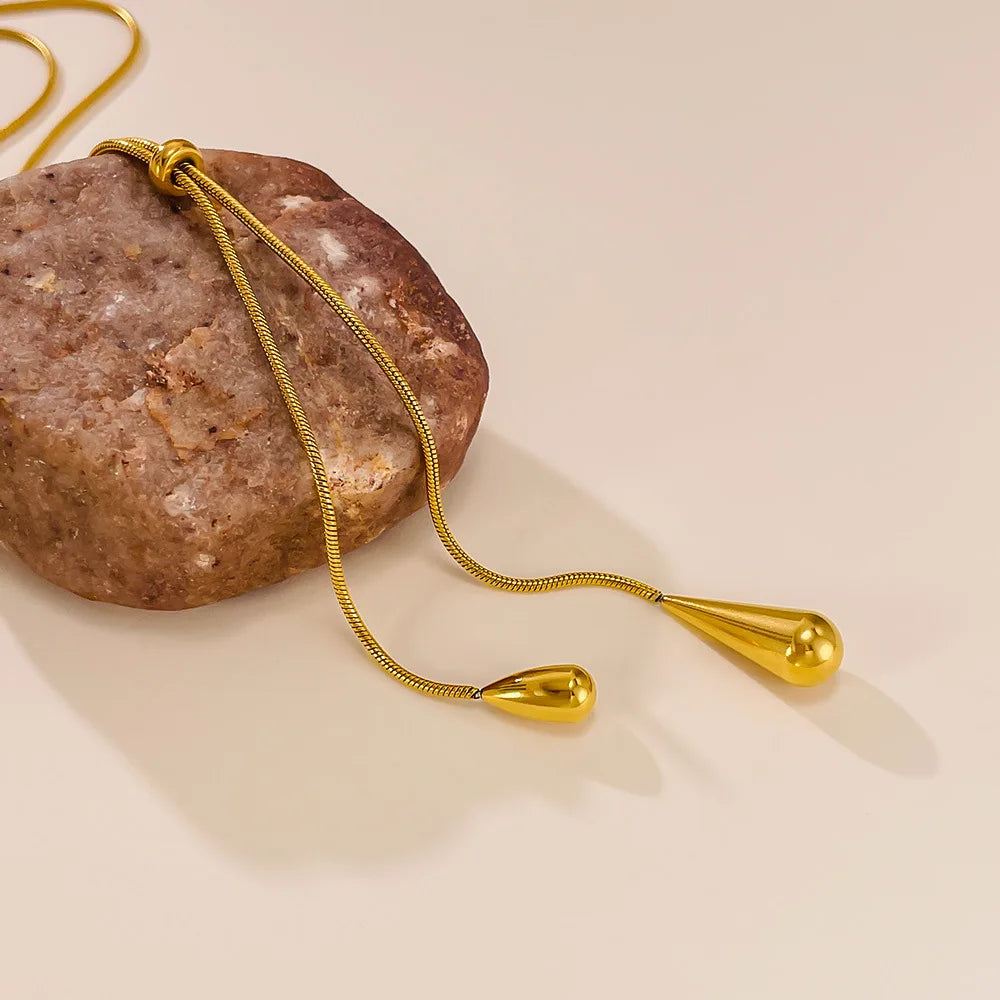 Europe and America Fashion Gold Color Stainless Steel Water Drop Tassel Pendant Necklace for Women Clavicle Chain Paty Jewelry