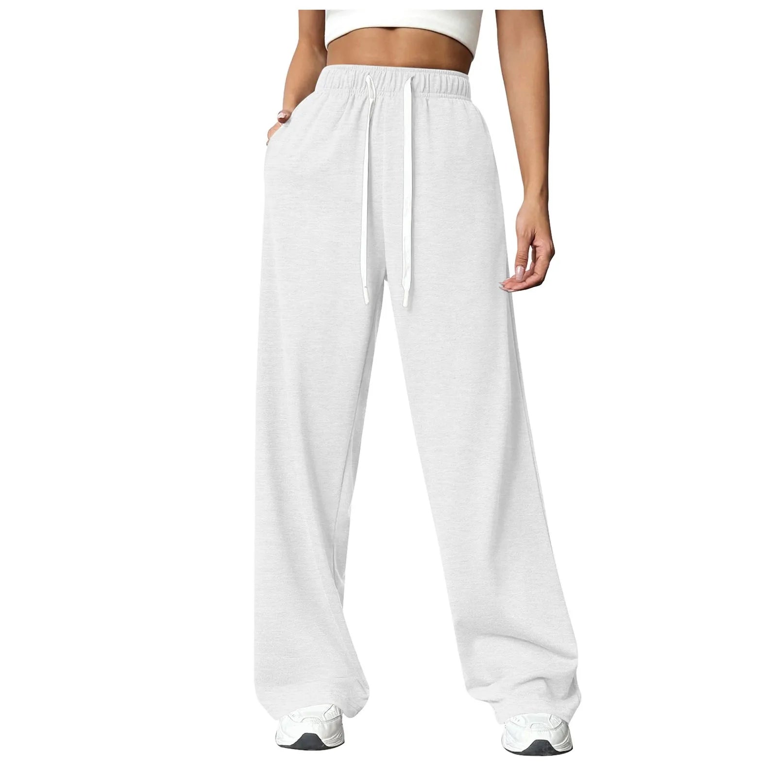 Women New Elastic Waist Pants with Side Pockets Fleece Lined Thick Wide Leg Sweatpants Pure Color Straight Cut