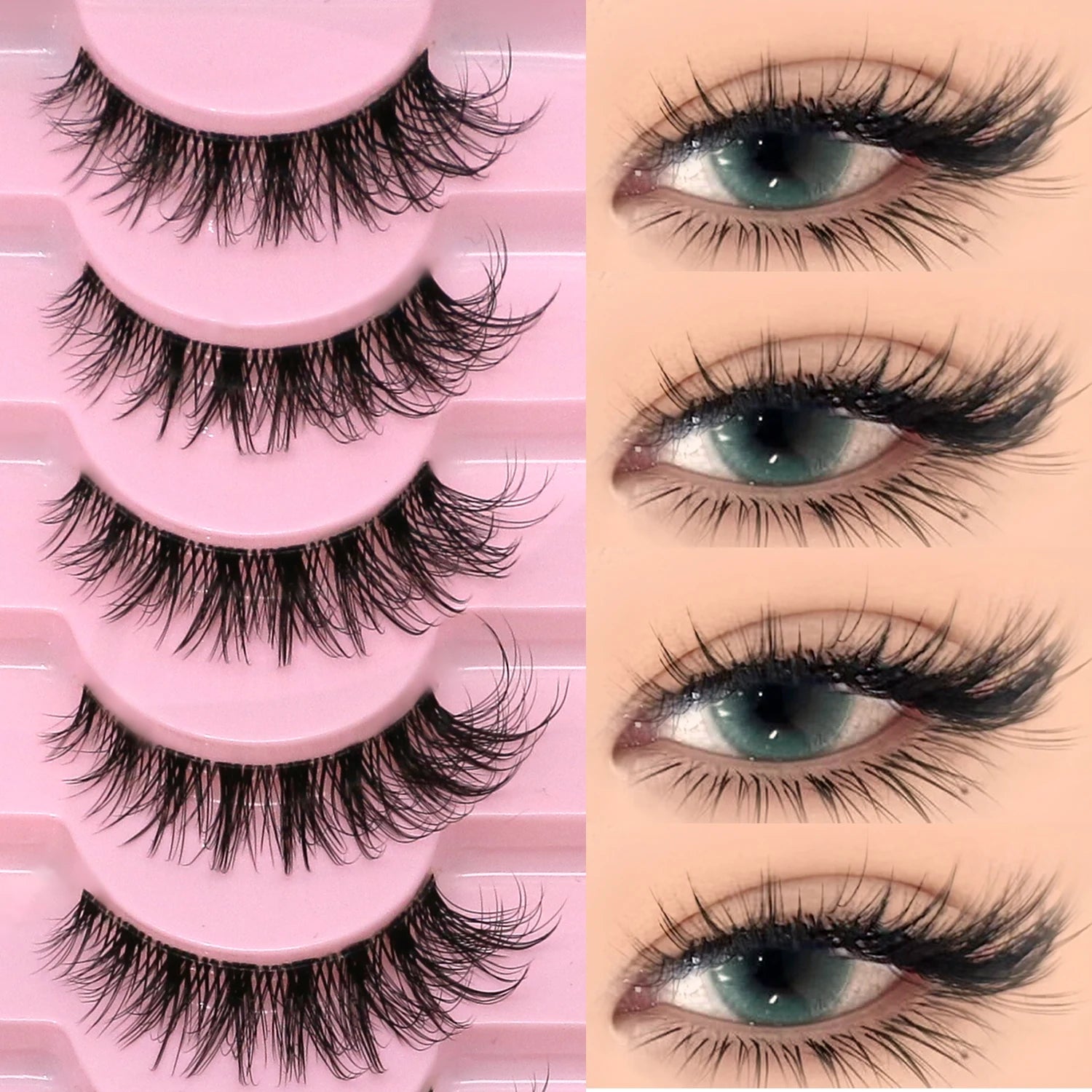 LASVIREY Cat Eye Lashes Natural Fluffy False Eyelashes Soft Wispy Natural Long Faux Mink Lashes Clear Band Lashes Extension