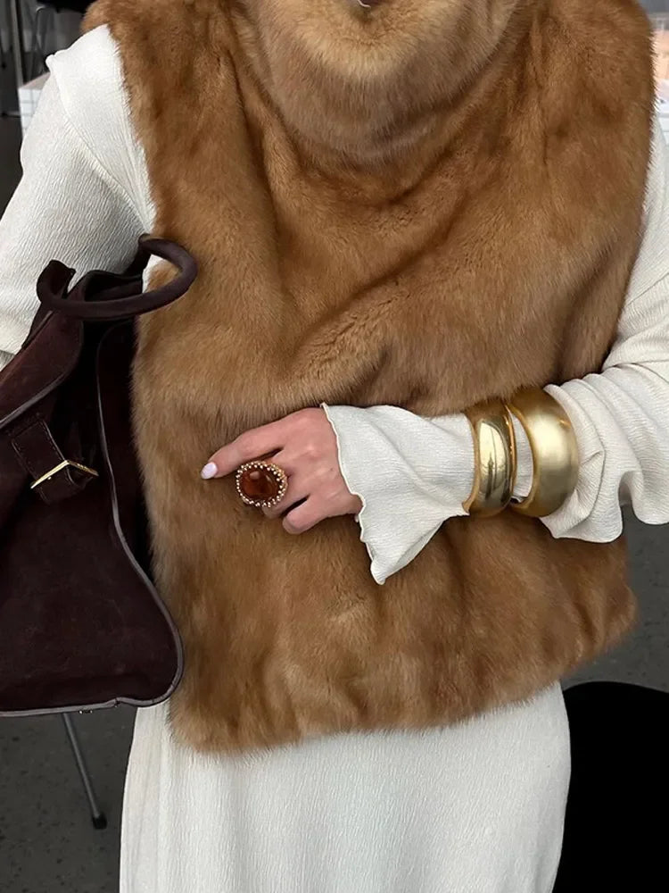 Women Stand Collar Faux Fur Vest Chic Solid High Collar Sleeveless Loose Waistcoat Casual 2025 New Lady Daily Street Short Vests