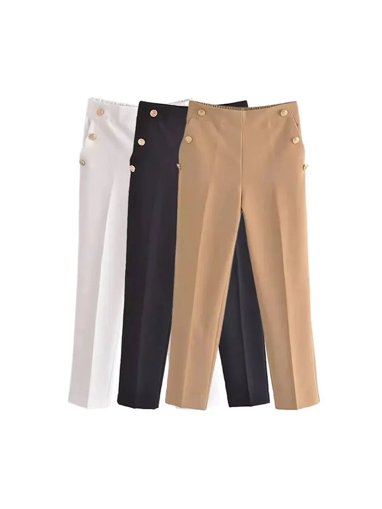 Women Fashion With Metallic Button Straight Pants Vintage High Waist Back Elastic Waistband Female Ankle Trousers Mujer - Azara