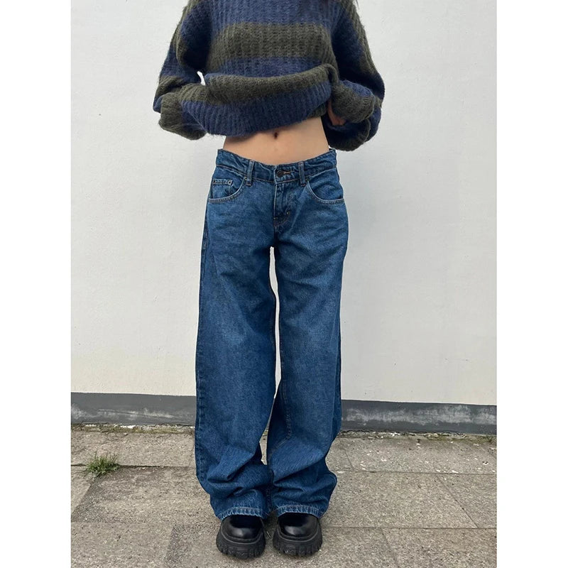YIBASHU Autumn Winter Women Blue Denim Pants Low Rise Y2K Baggy Jean Japanese Dark Academia Cowboy Harajuku Grunge Stacked Jeans - Azara