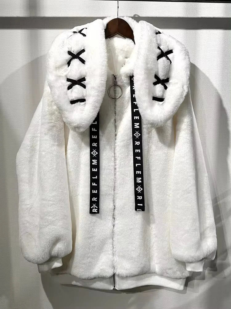 Nerazzurri Winter Sweet Cute Kawaii Soft Thick Warm White Faux Fur Coat Women with Bunny Ears Cute Fluffy Jacket Hoodie 2024
