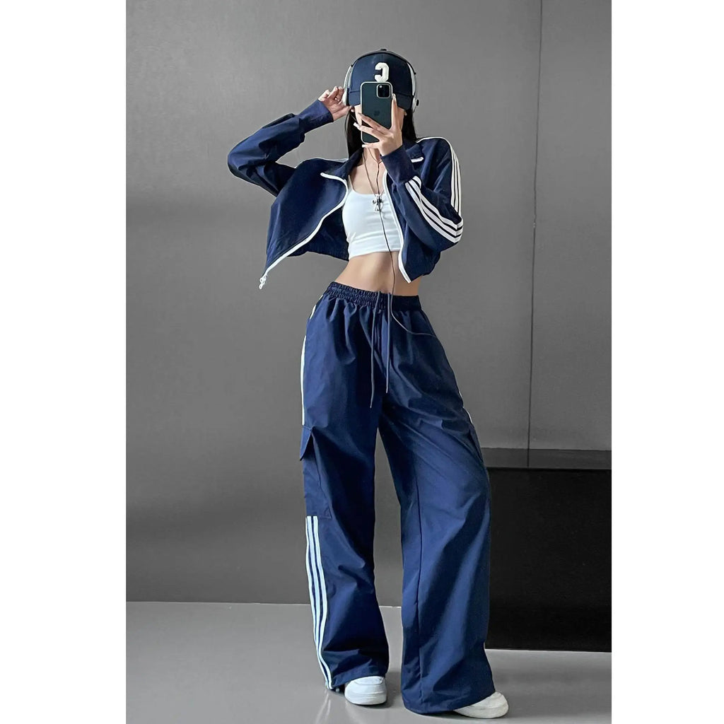 Women Casual Baggy Stripe Cargo Pants Solid Low Waist Joggers Pants Drawstring Wide Leg Baggy Trousers Y2K Streetwear Sweatpants - Azara