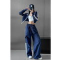 Women Casual Baggy Stripe Cargo Pants Solid Low Waist Joggers Pants Drawstring Wide Leg Baggy Trousers Y2K Streetwear Sweatpants - Azara