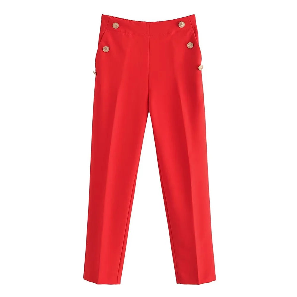 Women Fashion With Metallic Button Straight Pants Vintage High Waist Back Elastic Waistband Female Ankle Trousers Mujer - Azara