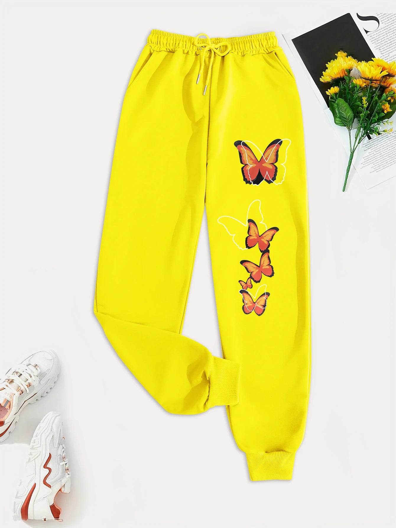 Withered Leaf Butterfly Printing Casual Versatile Women Pant Trendy Hip Hop Trousers With Drawstring Pockets Sweatpants Female