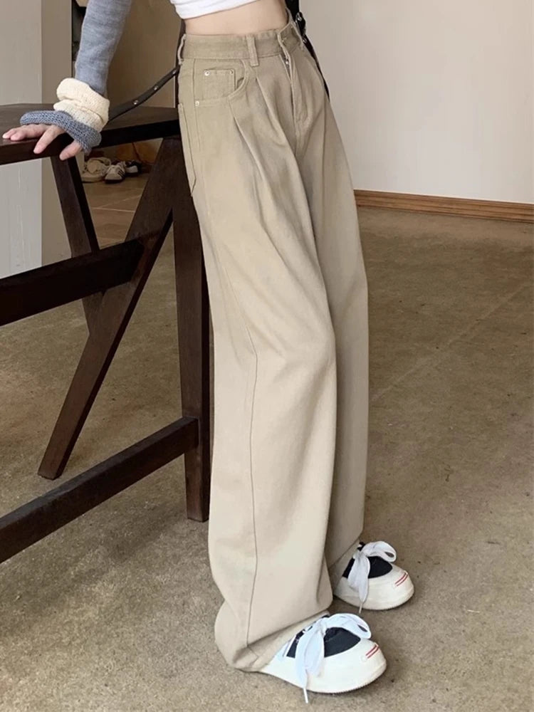 Woman High Waist Straight Leg Jeans Lady Loose Denim Wide Leg Pants Girls Korean Khaki Retro Blue Light Blue Gray White Trousers - Azara