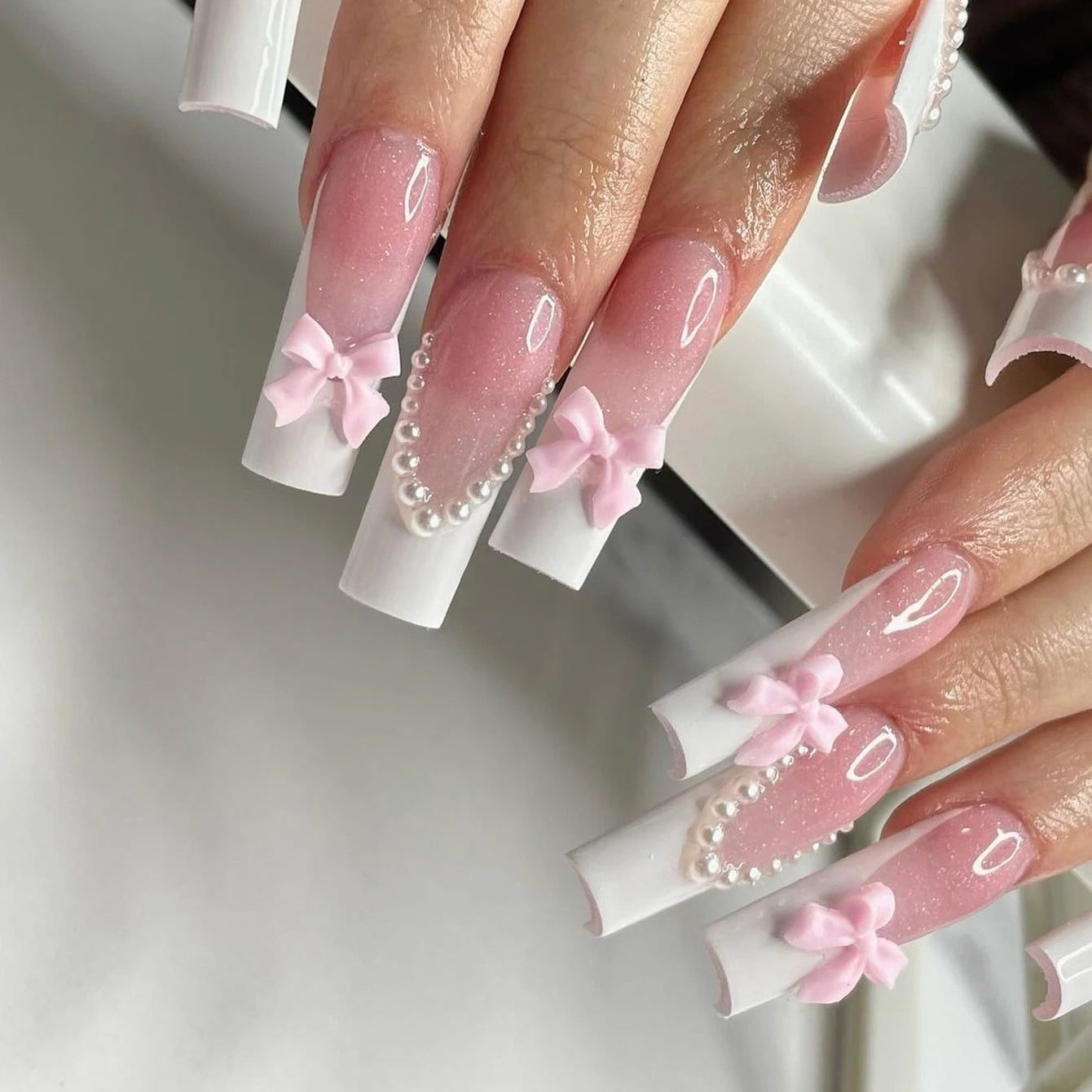 24PCS Explosions in Europe and America Long Water Pipes White French Rectangular Nail Fake Nails