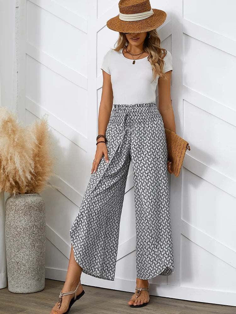 Spring/Summer Women's French Style Full Print Waist Tulip Hem Wide Leg Loose Crossed Long Pants - Azara