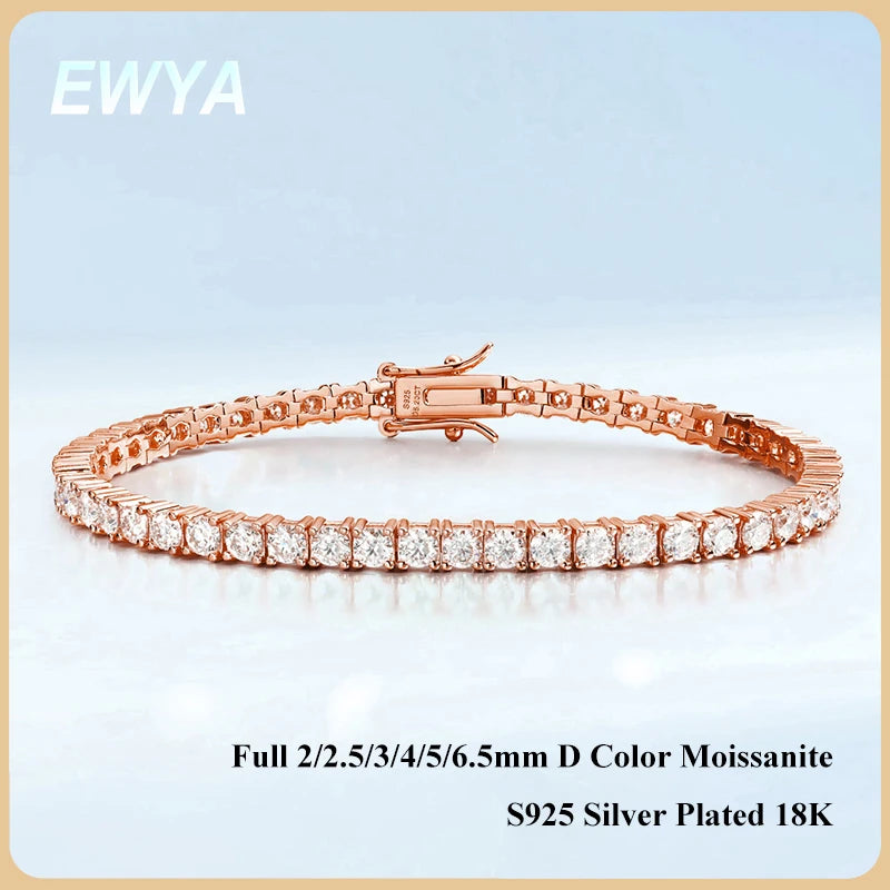 EWYA Real D Color Full 2/2.5/3/4/5/6.5mm Moissanite Tennis Bracelet For Women S925 Plated 18K Rose Gold Diamond Link Bracelets