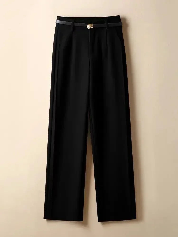 Women's Suit Wide-leg Pants 2025 Autumn New Casual Straight Pants Office Lady Simple Solid Khaki Elegant Black Pants with Belt - Azara