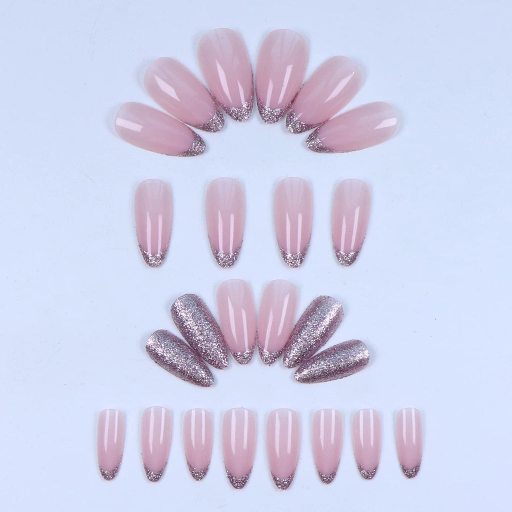24PCS Pink Glitter French Press-On Nails Short Almond False Nails Glitter Full Cover Gloss Reusable  Nails for Women