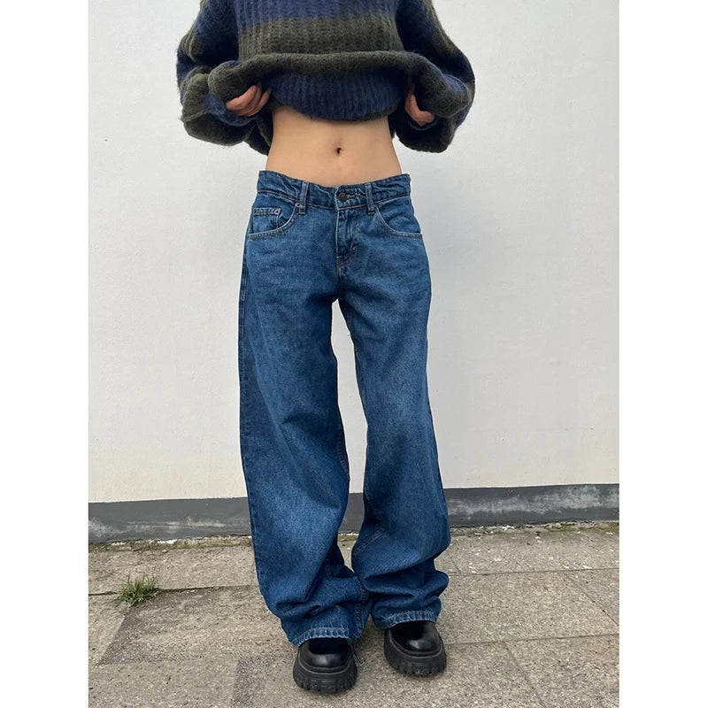 YIBASHU Autumn Winter Women Blue Denim Pants Low Rise Y2K Baggy Jean Japanese Dark Academia Cowboy Harajuku Grunge Stacked Jeans - Azara