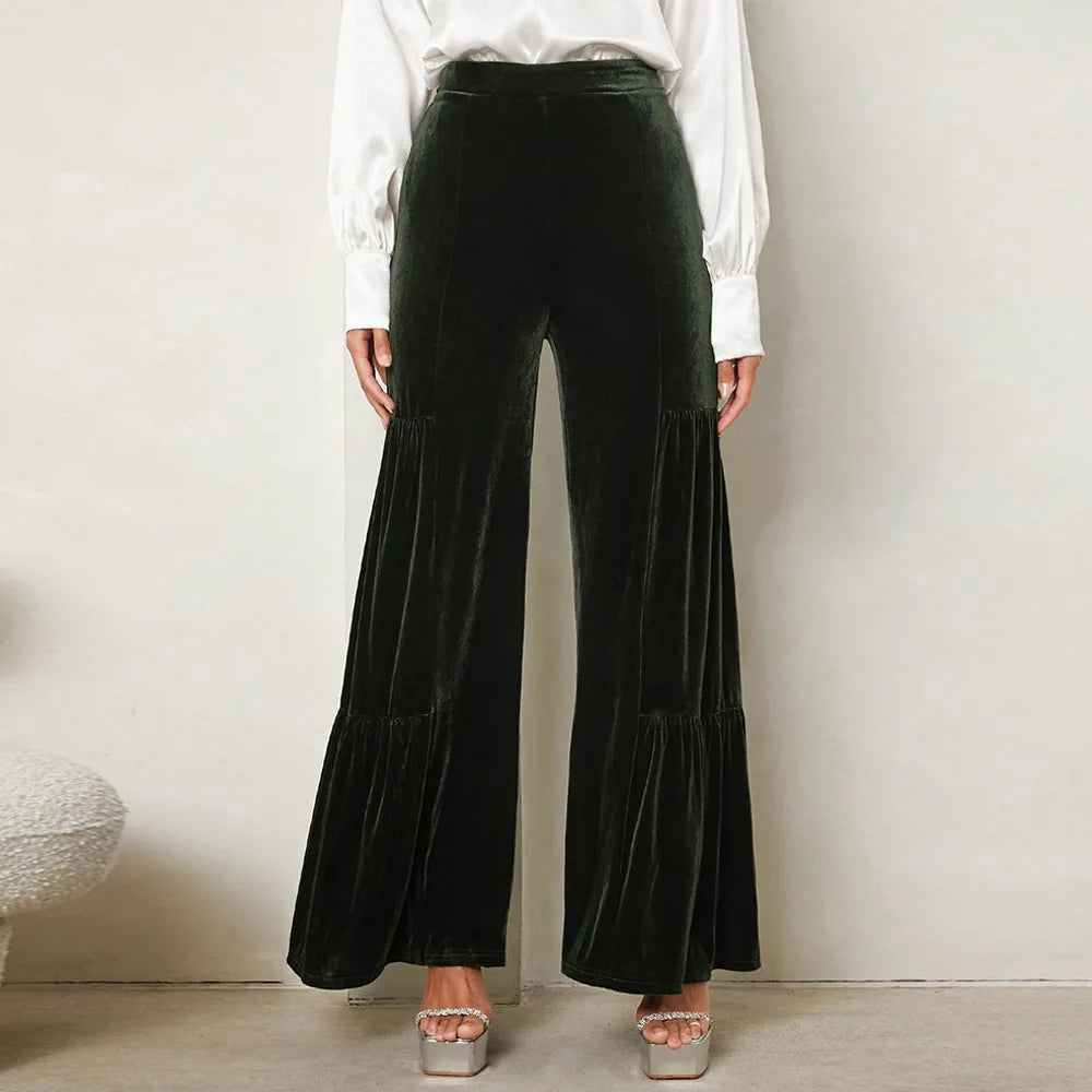 Women's autumn and winter gold velvet wide-leg pants with ruffles, high waist, straight, loose and slim elegant trousers - Azara