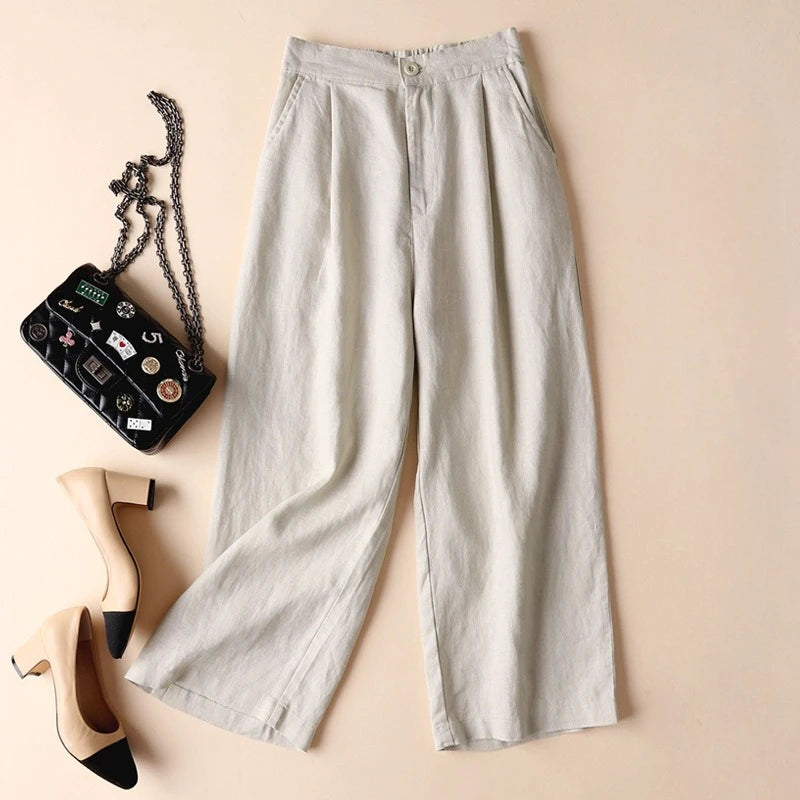 Spring Summer Cotton Linen Wide-leg Pants for Women Loose Casual Thin Nine-point Pants Comfortable Female Trousers - Azara