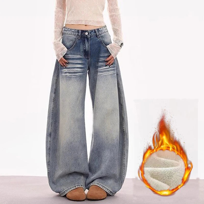 Winter Female Chic High Waist Thermal Jeans Women Retro Fashion Snow Warm Denim Pants Lady Baggy Casual Plush Trousers - Azara