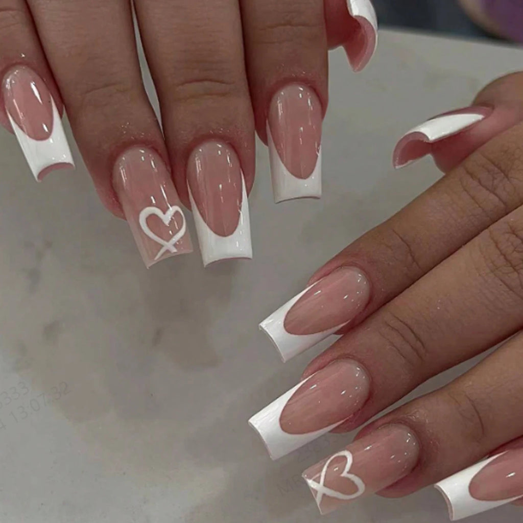 24PCS Explosions in Europe and America Long Water Pipes White French Rectangular Nail Fake Nails