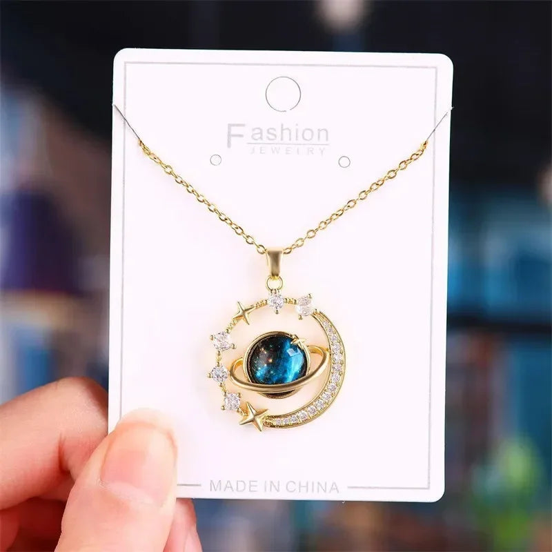 LATS Fashion Luxury Inlaid Zircon Planet Moon Pendant Necklace for Women Girl Butterfly Water Drop Clavicle Chain Charm Jewelry