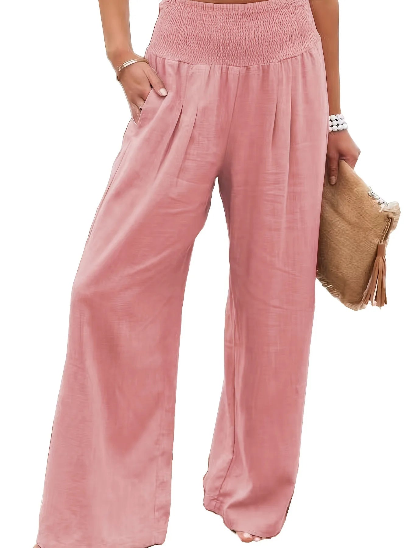 Women's casual pants with drawstring, mid waist, beach wide leg, spring and summer, European and American pants - Azara