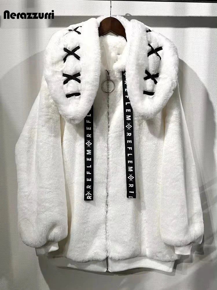 Nerazzurri Winter Sweet Cute Kawaii Soft Thick Warm White Faux Fur Coat Women with Bunny Ears Cute Fluffy Jacket Hoodie 2024