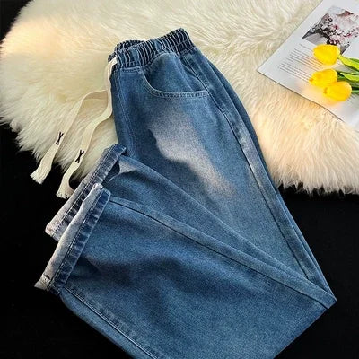 Thiened Fce Dstring Wide Leg High Waist Straight Jeans Women Winter New Sle Warm Loose Fit Trousers Cotton Denim - Azara