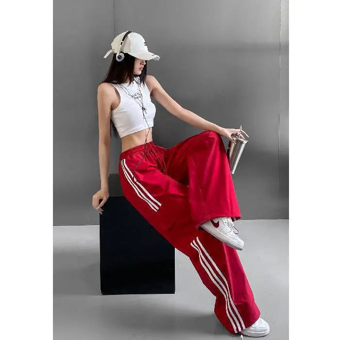 Women Casual Baggy Stripe Cargo Pants Solid Low Waist Joggers Pants Drawstring Wide Leg Baggy Trousers Y2K Streetwear Sweatpants - Azara