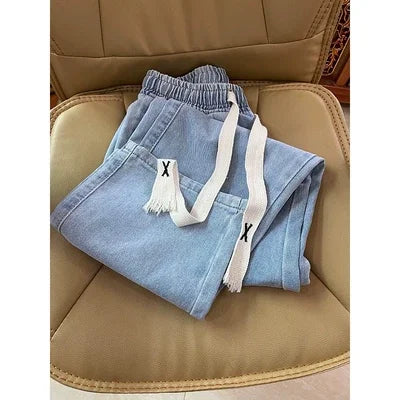 Thiened Fce Dstring Wide Leg High Waist Straight Jeans Women Winter New Sle Warm Loose Fit Trousers Cotton Denim - Azara