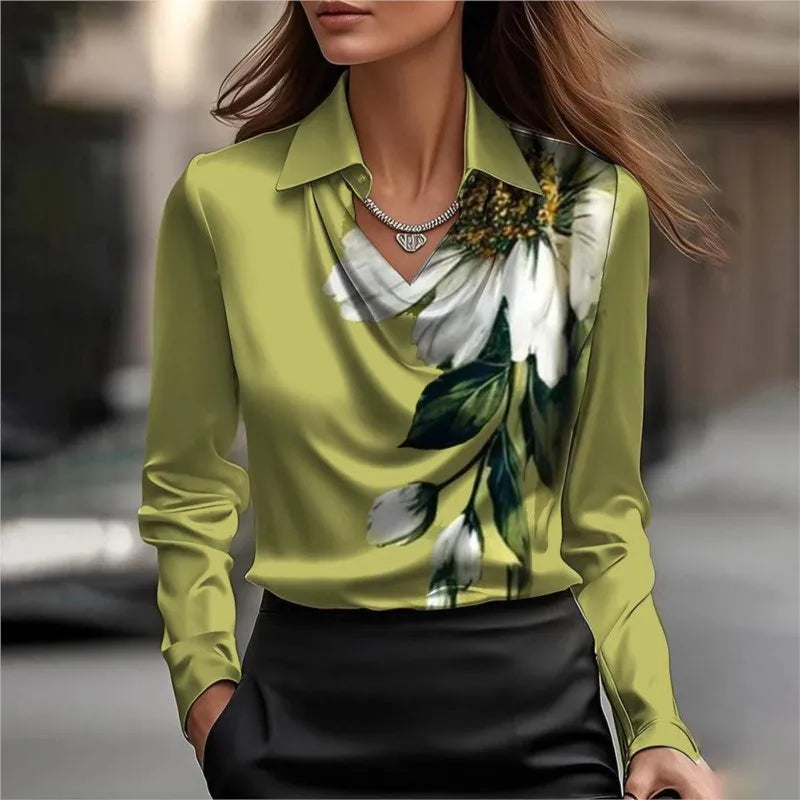 Elegant Women's Satin Shirt Blouse New Print V-neck Swing Neck Long-sleeved Solid Color Loose Shirt Casual Top Office Ladies - Azara