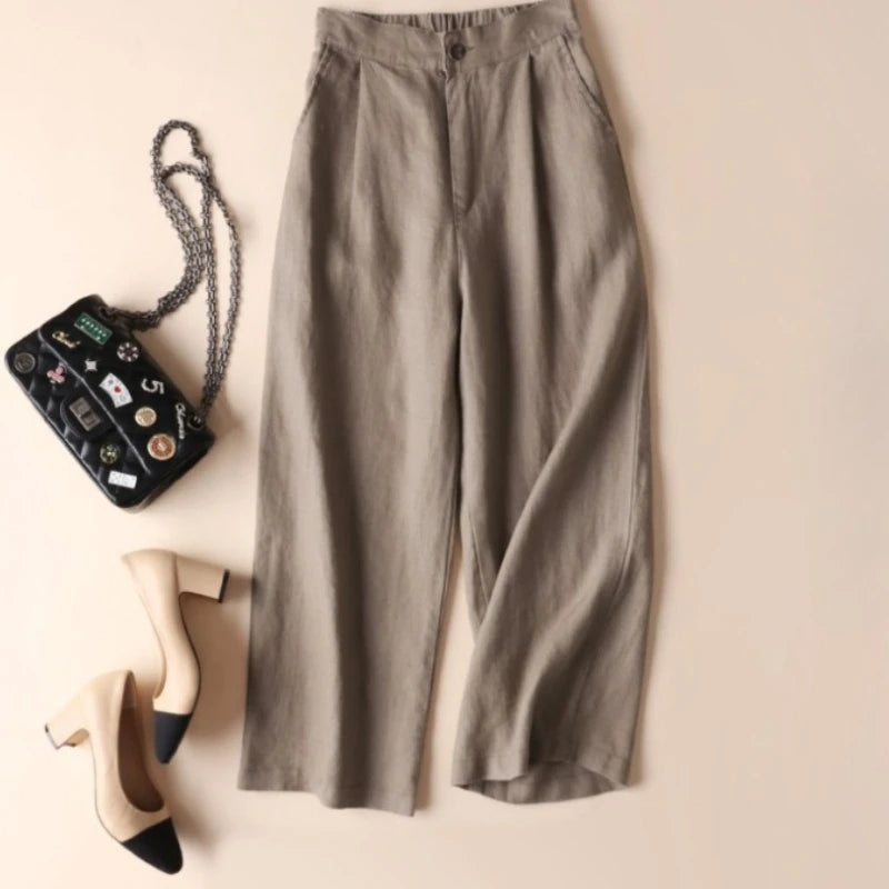 Spring Summer Cotton Linen Wide-leg Pants for Women Loose Casual Thin Nine-point Pants Comfortable Female Trousers - Azara