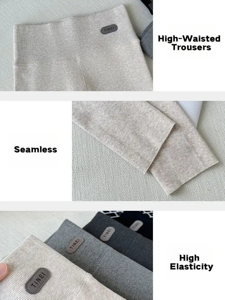 بنطلون ضيق نسائي عالي الخصر، مخطط، مصنوع من القطن الناعم، بدون خياطة، حراري، قماش مطاطي ناعم